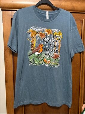 Blue Graphic Tee with Autumn Bird and Scripture
